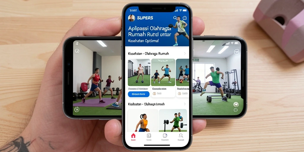 Antarmuka utama SUPER5 menampilkan berbagai pilihan latihan olahraga rumah.